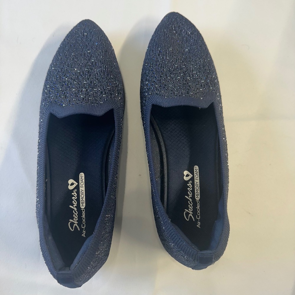 Skechers Cleo 2.0 Love Spell Navy Blue Shimmer Knit Pointed Toe Flats Shoes - Picture 7 of 12
